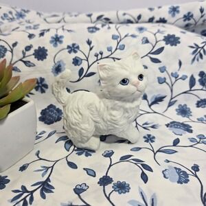 Vintage White Persian Cat Figurine Ceramic Glossy Blue Eyes Longhair Collectible